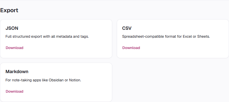 Acorny Export section offering JSON, CSV, and Markdown downloads