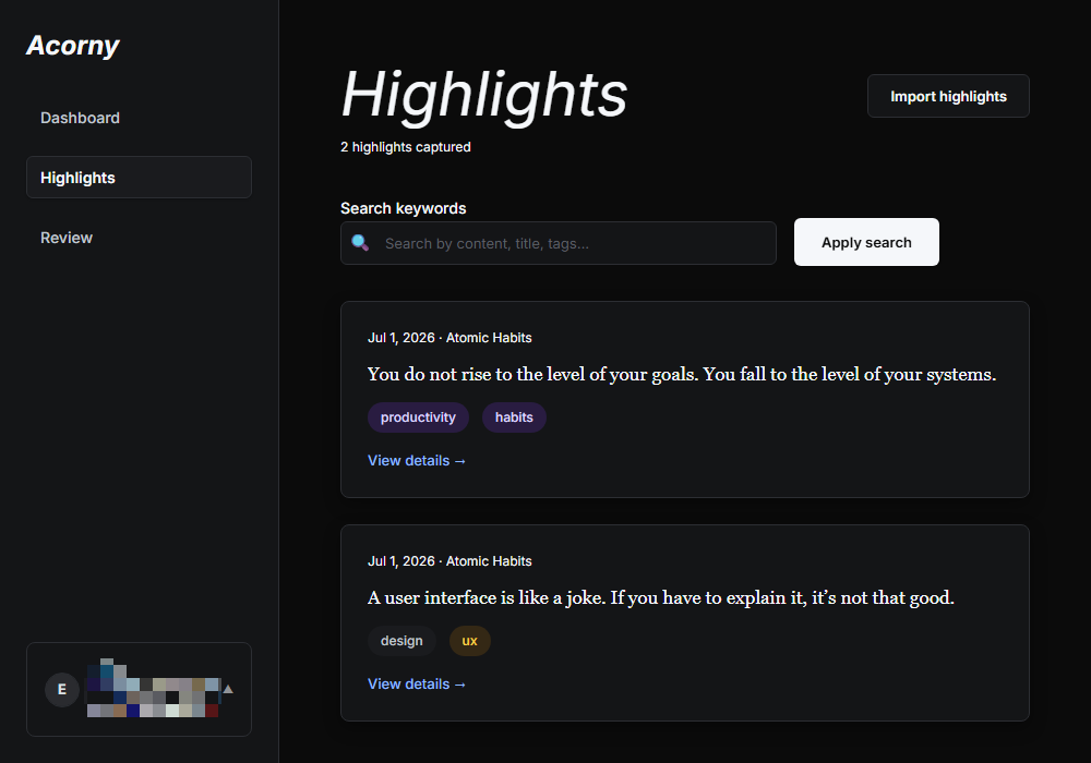 Highlights list in Acorny