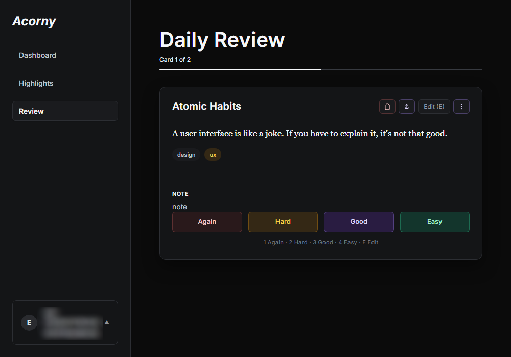 Daily review session in Acorny